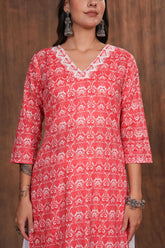 Red Cotton Kurti with Traditional Block Print Design - Soft, Breathable Fabric for Everyday Comfort and Effortless Ethnic Style